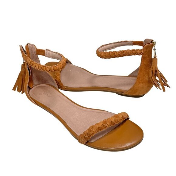 Joie Amina Suede Tassel Braided Sandals sz 7.5 Caramel Brown Zip Back Flat - Picture 1 of 5